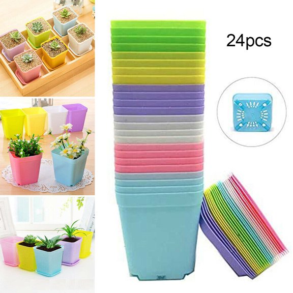 SPRING PARK 24Pcs Flower Pot Square Plastic Plant Nursery Garden Desk Home Decor free tray