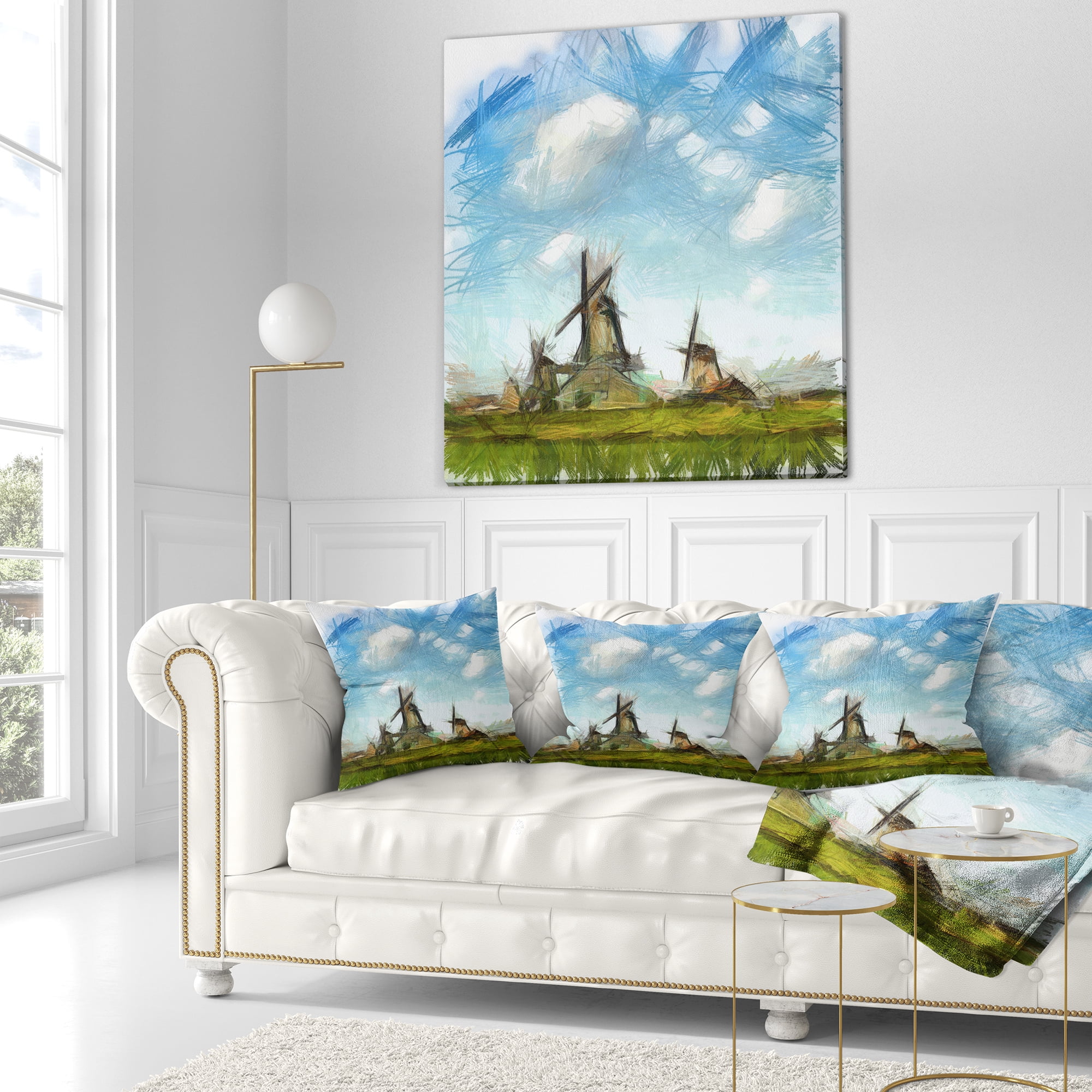 Designart Watercolor Windmill in Netherlands - Landscape Printed Throw Pillow - 18x18