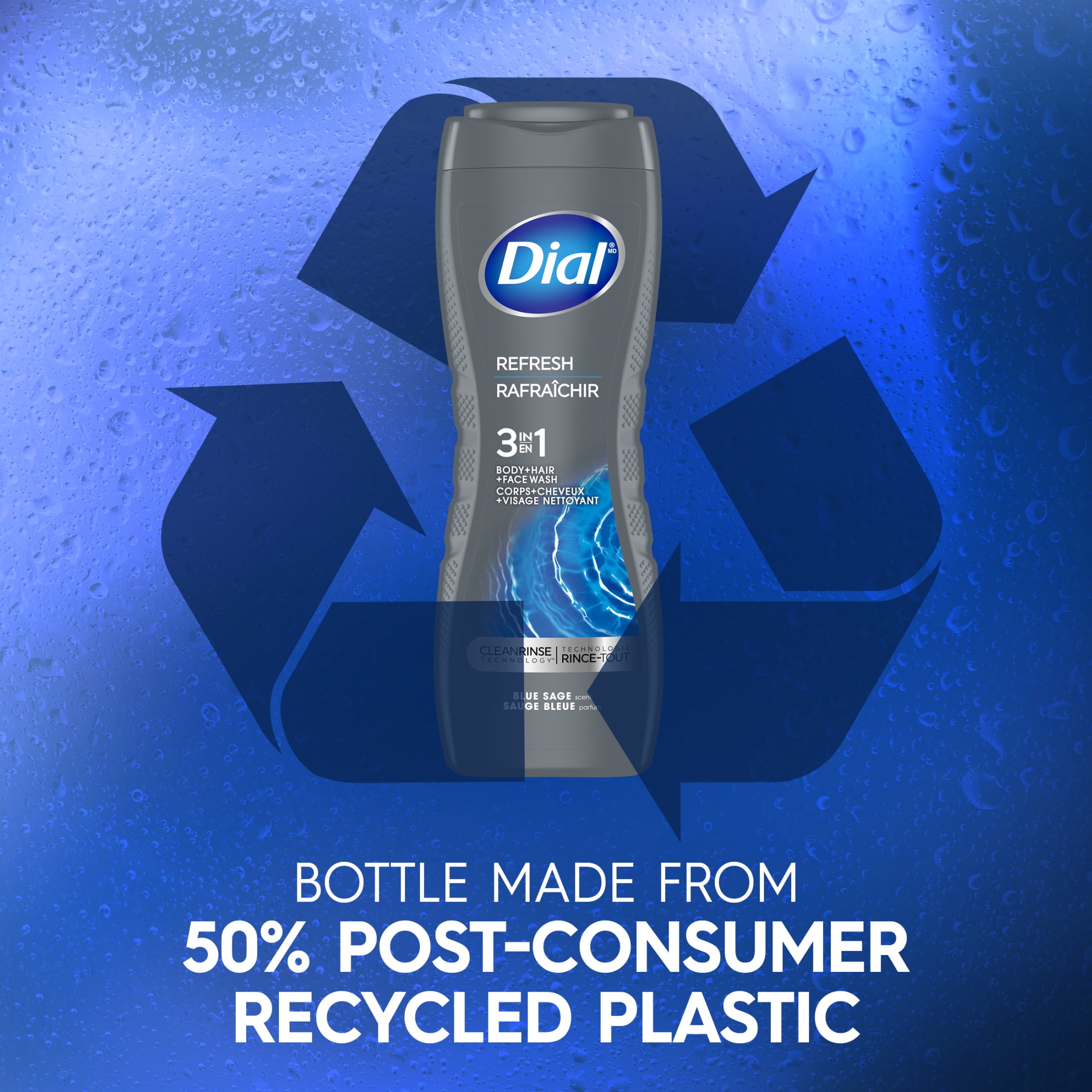 Dial Refresh 3-in-1 Men's Body Wash for Body, Hair & Face, Blue Sage Scent, 16 fl oz