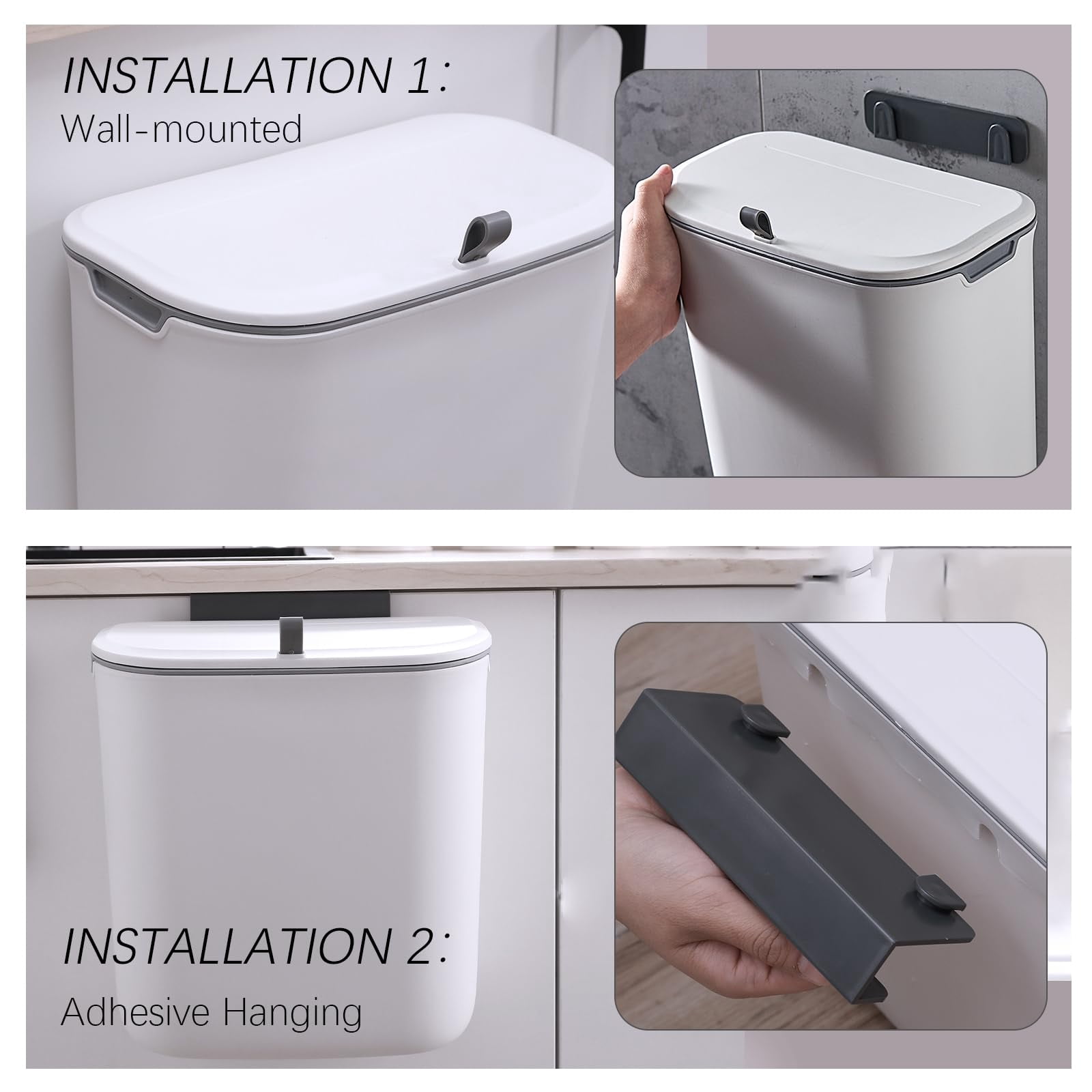Kitchen Compost Bin, 2.5 Gallon Cabinet Door Hanging Trash Can, Bathroom Wall Sticking Trash Bin, No Fruit Flies Compost Bucket, Under Sink Trash Can Plastic Wall Mounted, White