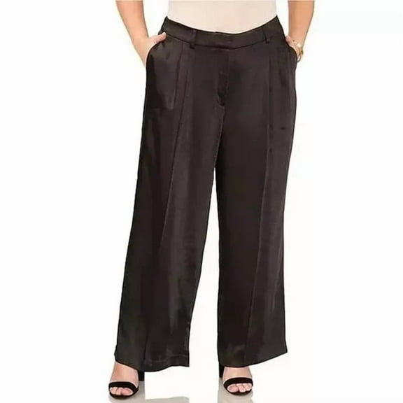 Vince Camuto Pants Black Wide Leg Front Pleat Satin Trouser Workwear Casual 22W