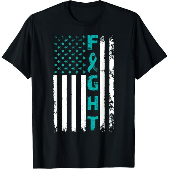 Fight Ovarian Cancer American Flag Awareness Survivor T-Shirt100% cotton short-sleeved shirt for both men and women