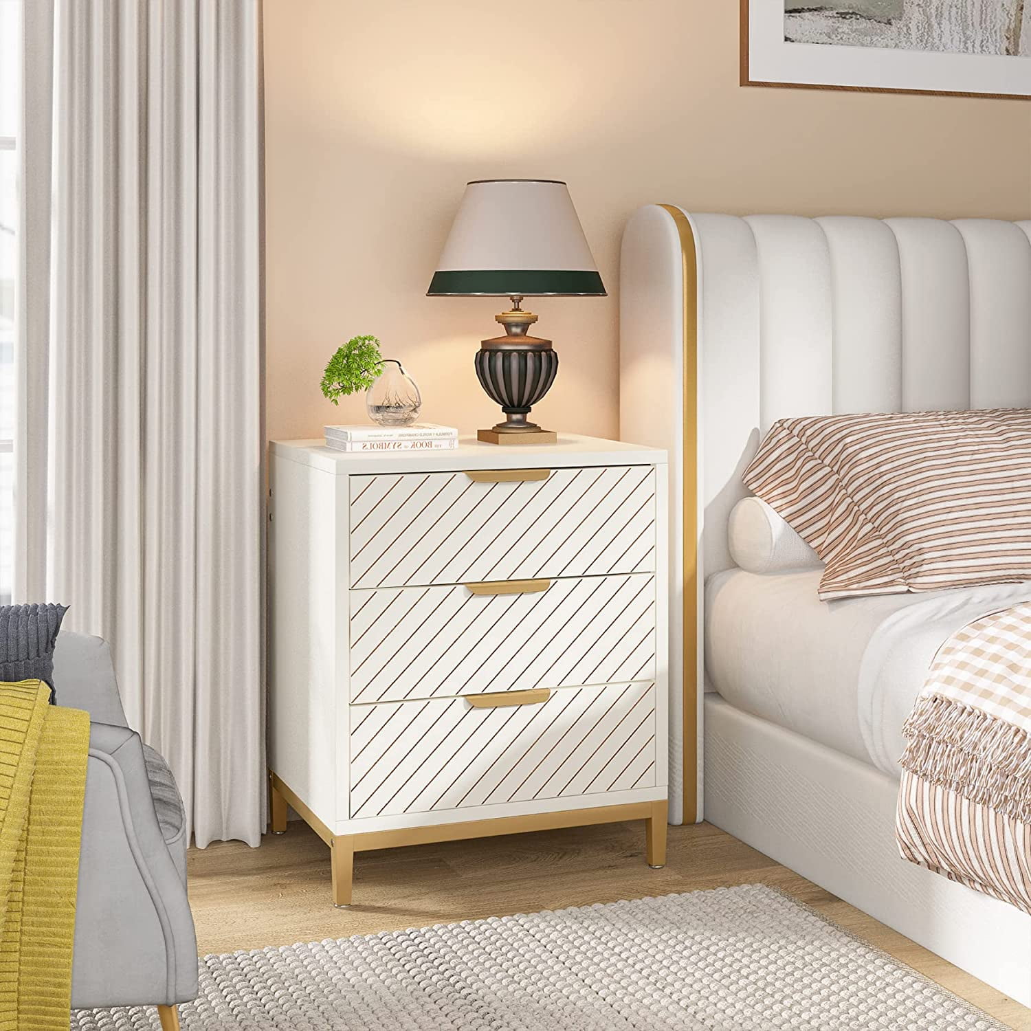Tribesigns Night Stands for Bedrooms, White and Gold Nightstands with 3