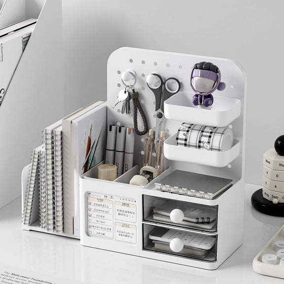 Multi-Functional Desk Pegboard Organizer Box with Retractable Book Stand, Adjustable Stationery Storage for Pens Books Tech Gadgets, Ideal for Office Dorm Study Table