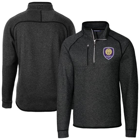 Men's-Cutter & Buck Heather Black Orlando City SC Mainsail Sweater-Knit Half-Zip Raglan Jacket