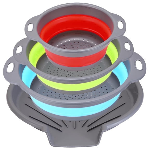 Collapsible Colanders (4 Pack Set) Food Strainers with Over-Sink Water Draining Base for Pasta Fruits and Vegetables (Patent Pending) Mixed colors (3 Sizes, 3QT, 4QT and 5 Quart)