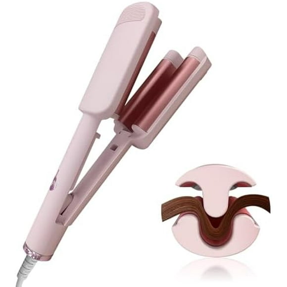 Waver Curling Iron Hair Crimper, Ionic Deep Waver Hair Curler Tool, Beach Waver Curling Wand, 2 in 1 straightener and curler with Ceramic 3 Barrel for Women, Dual Voltage, Anti-Scald, 1.25 Inch (Pink)