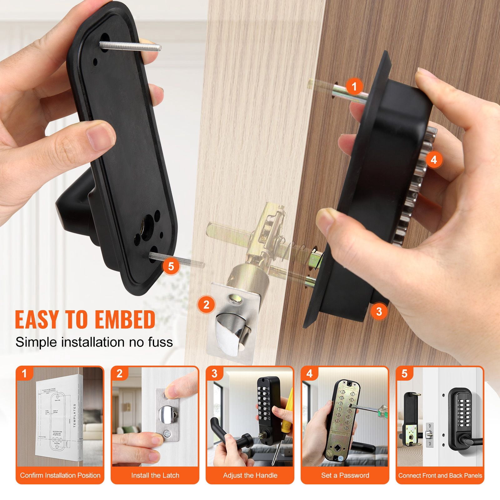 Mechanical Keyless Door Lock Gen2 Adjustable Handles Surface Mount 1.4-2.5 Inch Door Compatibility Zinc Alloy No Batteries for Gate Garden Garage