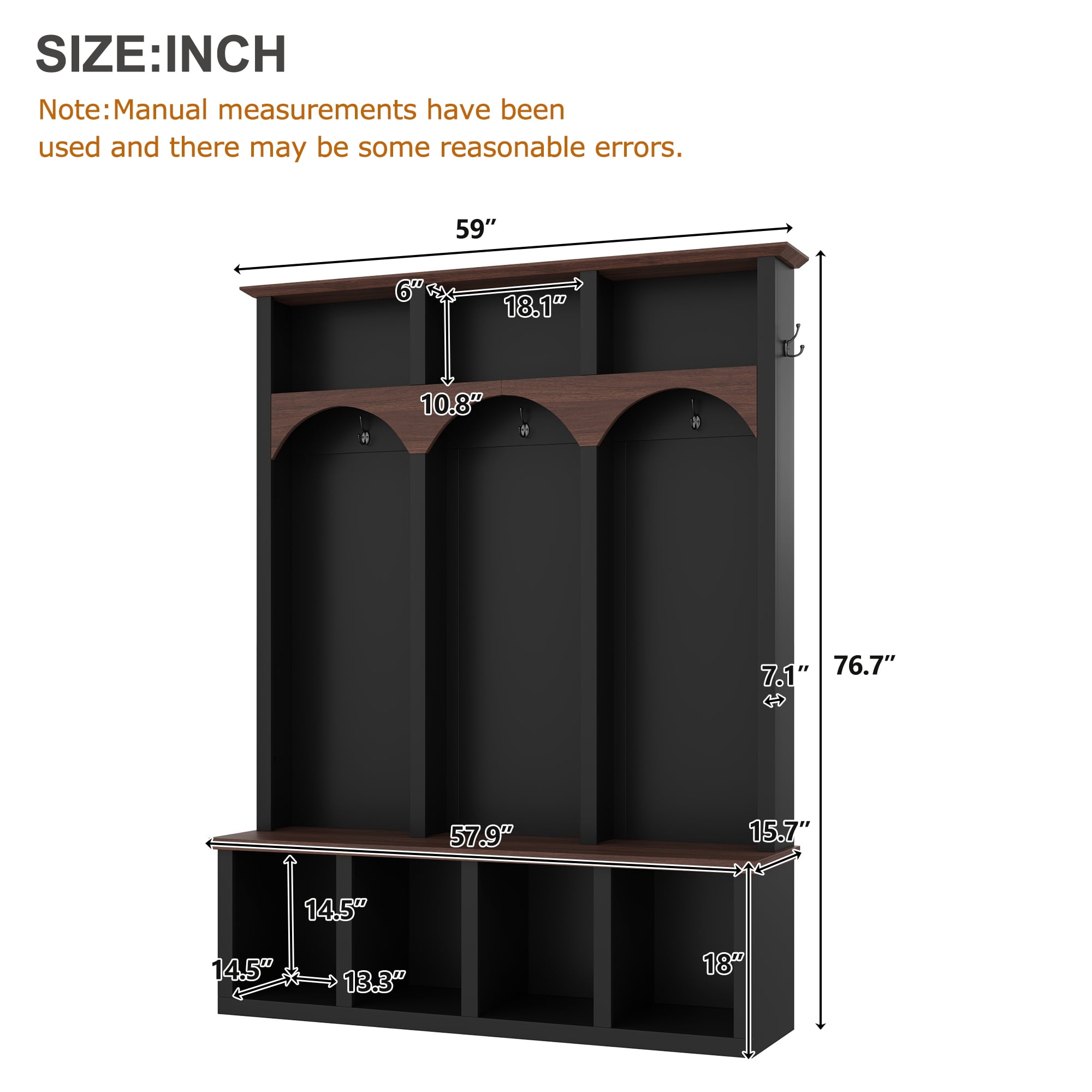 Euroco Farmhouse Wooden Style Hall Tree with Arched Design, Practical Entryway Walnut Storage Bench with 5 Black Hooks, Minimalist 4-in-1 Hallway Shoe Cabinet with 7 Cubbies