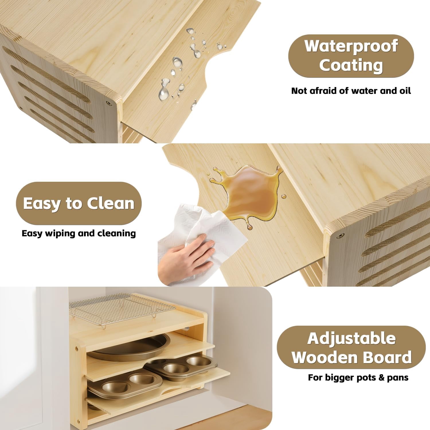 4 Tier Wooden Cabinet Tray Dividers for Baking Trays, Pans & Cutting Boards - 16.61" Wx12.4 Dx8.94 H Vertical Cookie Sheet Organizer, Spoon Rest, Utensil Holder, Kitchen for Pots Pans Storage