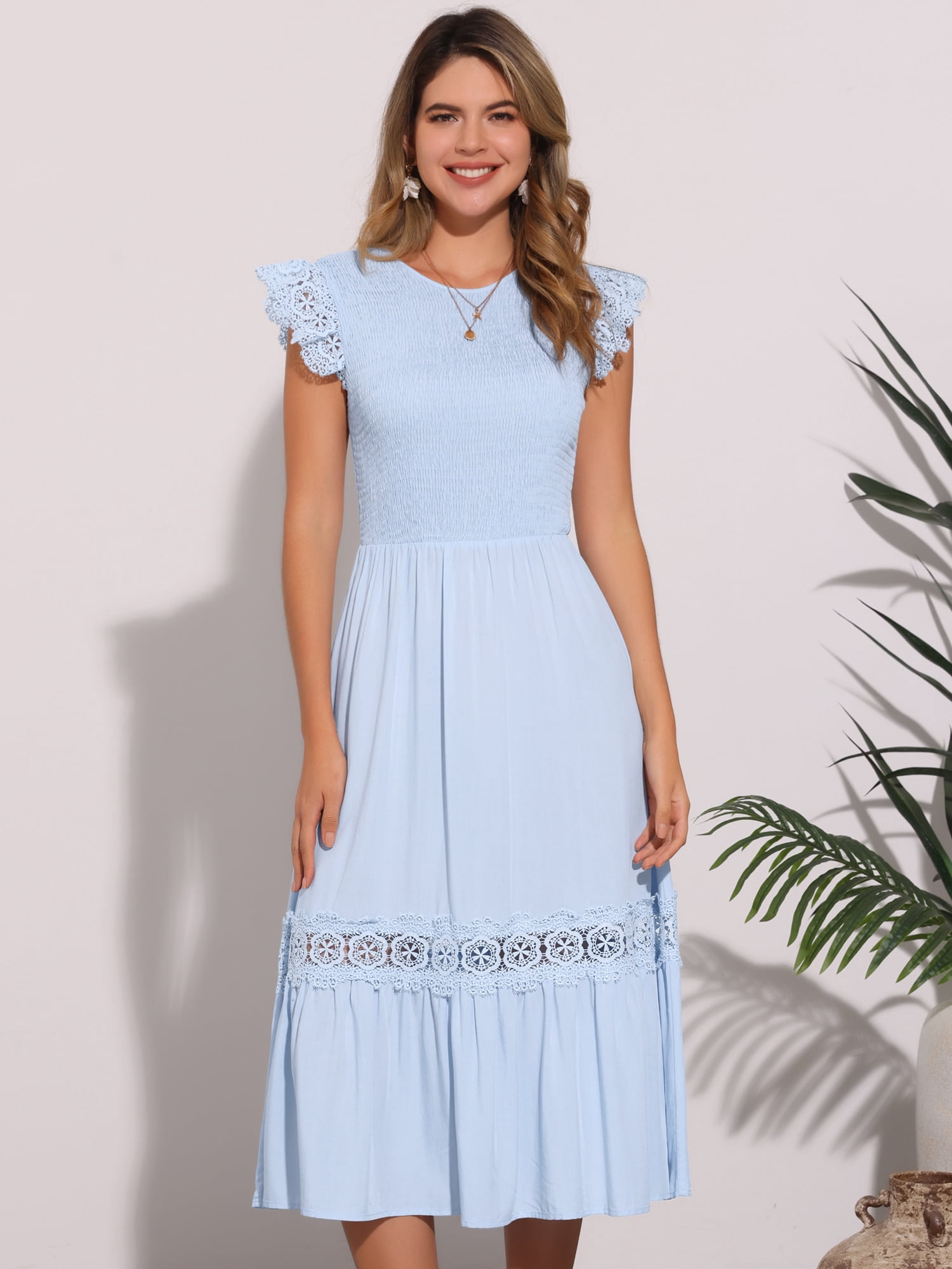 DARING DIVA Boho Midi Flutter Sleeve Lace Trim Ruffle Beach Dress S Blue