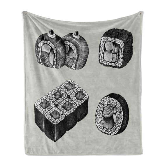 Charcoal Grey Soft Flannel Fleece Blanket, Hand Drawn Inspired Sushi Japanese Food Items California Roll Maki, Cozy Plush for Indoor and Outdoor Use, 70" x 90", White and Pale Taupe, by Ambesonne