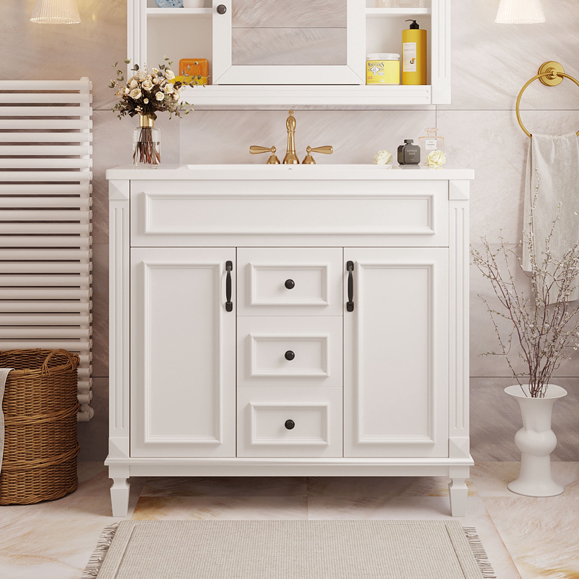 Euroco Modern Bathroom Vanity with Sink – 3-Hole Basin, Concealed Storage, Soft-Close Doors & Drawer – Freestanding Bathroom Cabinet with Water-Resistant Finish, Easy Assembly