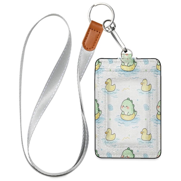 PU Leather Badge Holder Lightweight ID Card Holder with Window Pocket Swimming Dinosaur