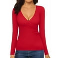 thumbnail image 2 of Women's T-Shirts Basic Tops Cross Ruched V Neck Long Sleeve Solid Casual Tight Trendy Outfits Black, 2 of 5