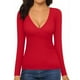 thumbnail image 1 of Top de manga larga con cuello en V profundo, fruncido en la cintura y forro polar para mujer - Túnica cruzada ajustada para fiestas/ocasiones informales, 1 of 4