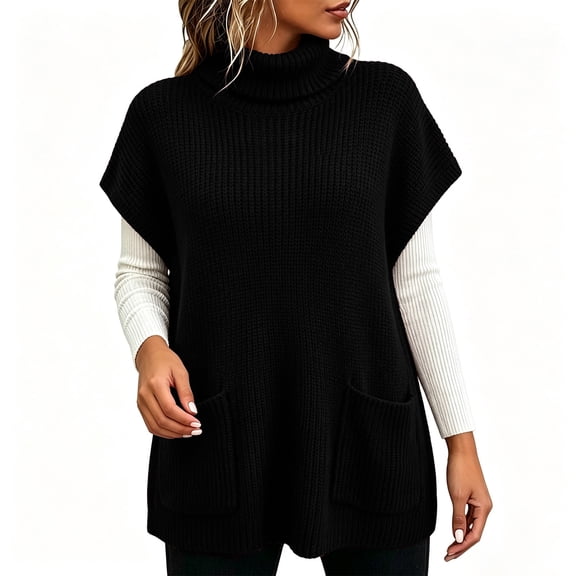 Tbopshirt Women Sleeveless Sweater Vest Turtleneck Oversized Pullover Sweaters with Front Pockets for Fall Winter Casual Outfit Going Out Knit Tops