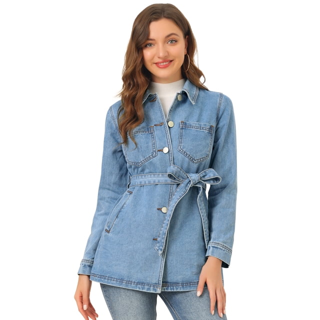 Chaqueta Vaquera Holgada De Manga Larga Con Lazo En La Cintura Informal Para Mujer Azul M