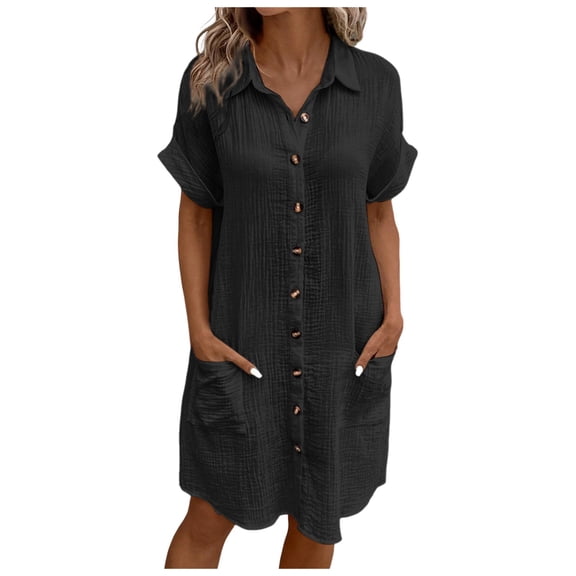 DHFJKG Women's Casual Summer Dress Comfortable Short Sleeve Solid Color Button Collared Loose Fit Mini Shirt Dress Soft Tunic With Pockets Versatile Dresses
