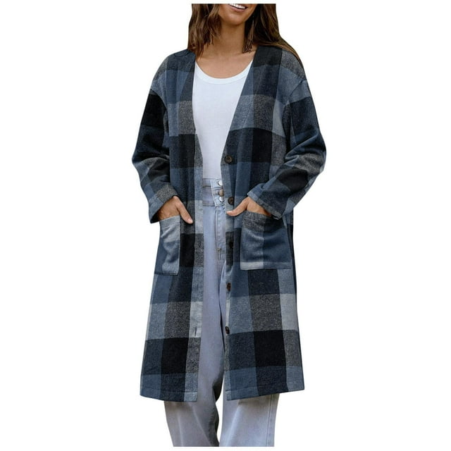 RXMEKW Plaid Wool Blend Coat With Button Front And Pockets for Women, Longline Cardigan Jacket, Brown