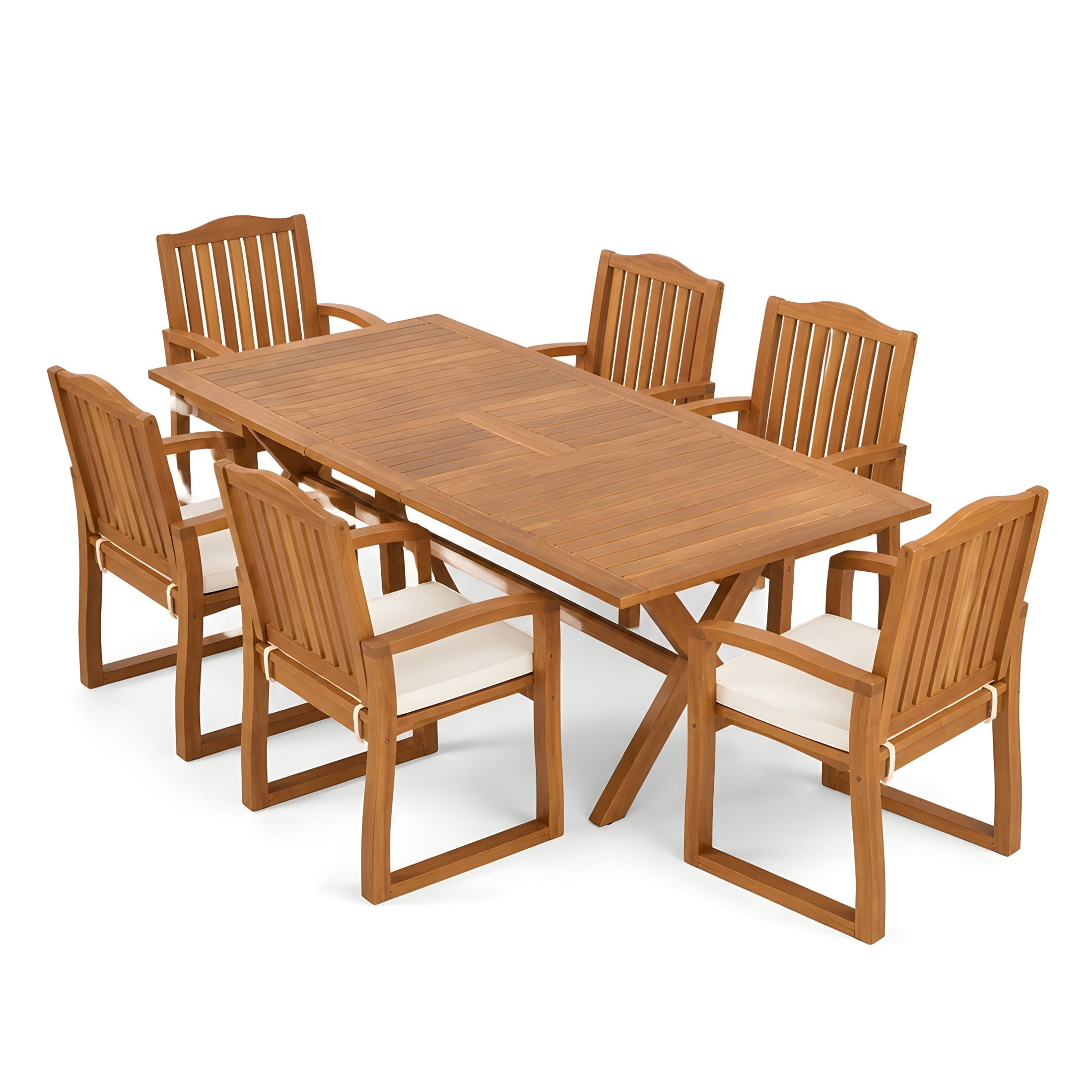 Christopher Knight Home 7-Piece Outdoor Wood Dining Set, Extendable Table with Cushioned Chairs, Teak+Cream