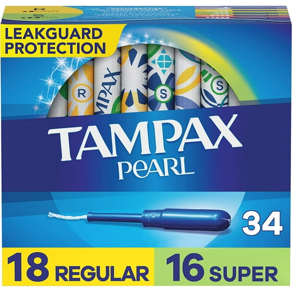 Tampax Pearl Tampons Multipack, Regular/Super Absorbency, With Leakguard Braid, Unscented, 34 Count