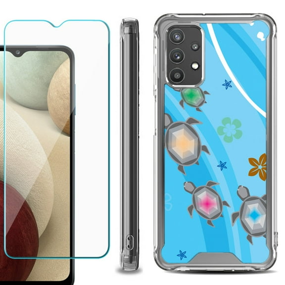 Shockproof Bumper Phone Case for Samsung Galaxy A32 5G, with Tempered Glass Screen Protector, by OneToughShield ® - Happy Turtle