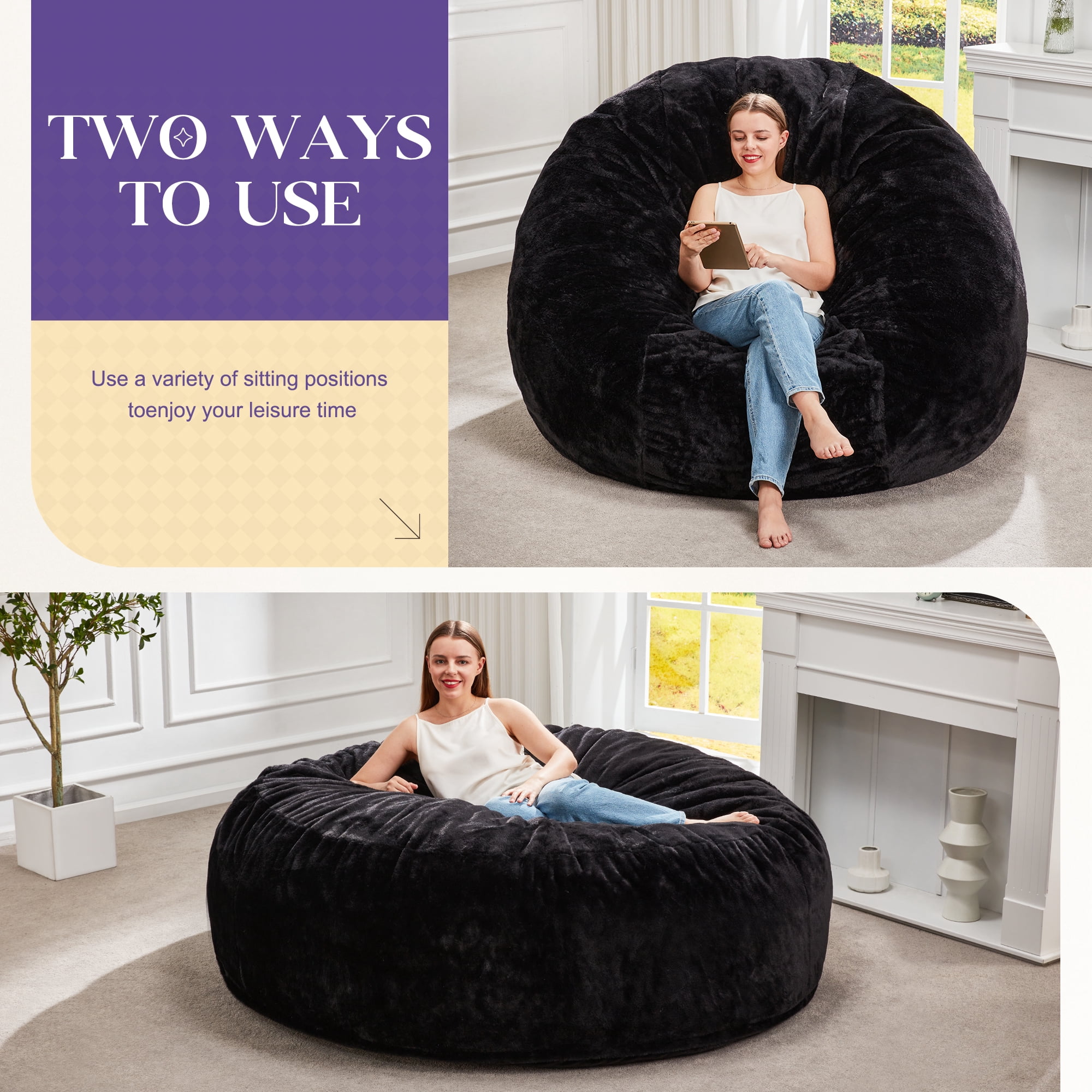 Hobestluk Bean Bag Chairs Giant Beanbag Chair with Filler, Memory Foam Bean Bags with Machine Washable Cover, Bean Bag Chairs for Adults for Living Room, Bedroom (BLACK, 6FT - 70" x 70" x 15")
