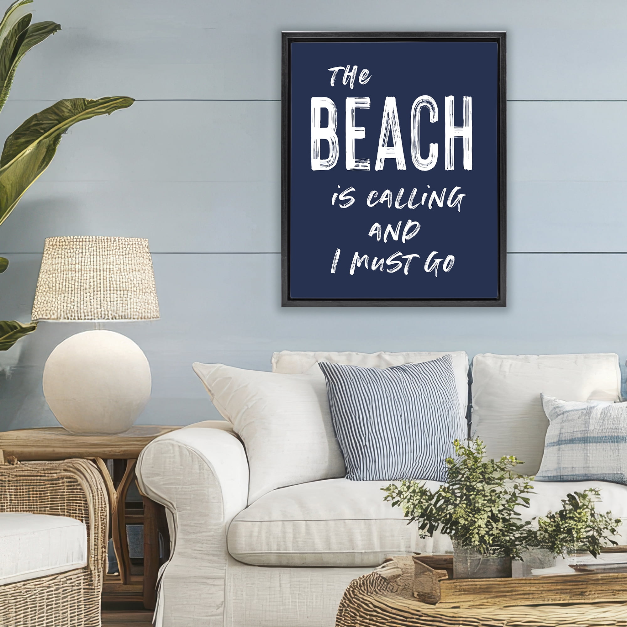 Beach Is Calling Summer Sentiment Black Framed Floater Canvas Wall Art, design by Lettered and Lined