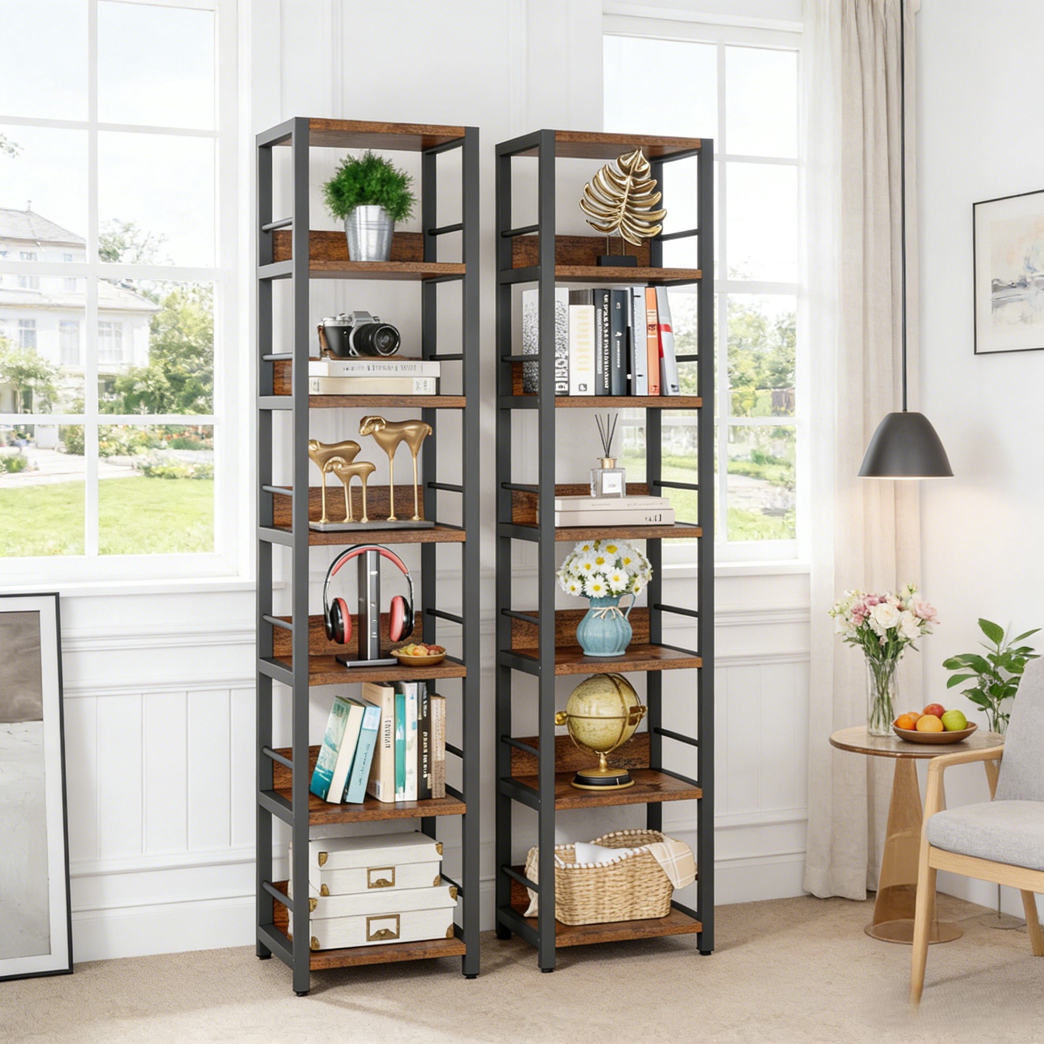 Fnova 75" 6-Tier Corner Bookshelf, Tall Narrow Rustic Wood Open Storage Rack, Square Bookcase Display Stand for Small Spaces in Living Room, Bathroom