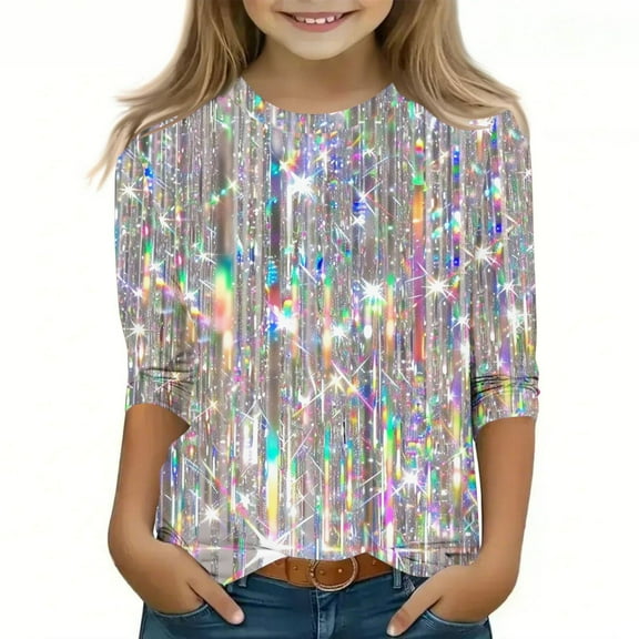 T Shirts for Girls 10-12 Tshirts for Girls Girls Tunic Tops Cute Tops for Girls 10-12 Little Girl 3/4 Sleeve Casual Shirt Y2K Tops Silver-1