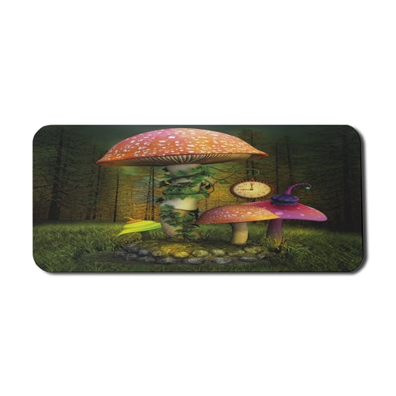 Fantasy Computer Mouse Pad, Fiction Forest Giant Mushrooms and Elves Fairytale Enchanted Image, Rectangle Non-Slip Rubber Mousepad X-Large, 35" x 15" Gaming Size, Green Coral, by Ambesonne