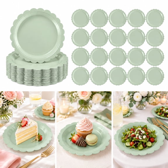 20 Pack 9 Inch Scalloped Sage Green Plates, Disposable Dessert and Dinner Plates for Parties