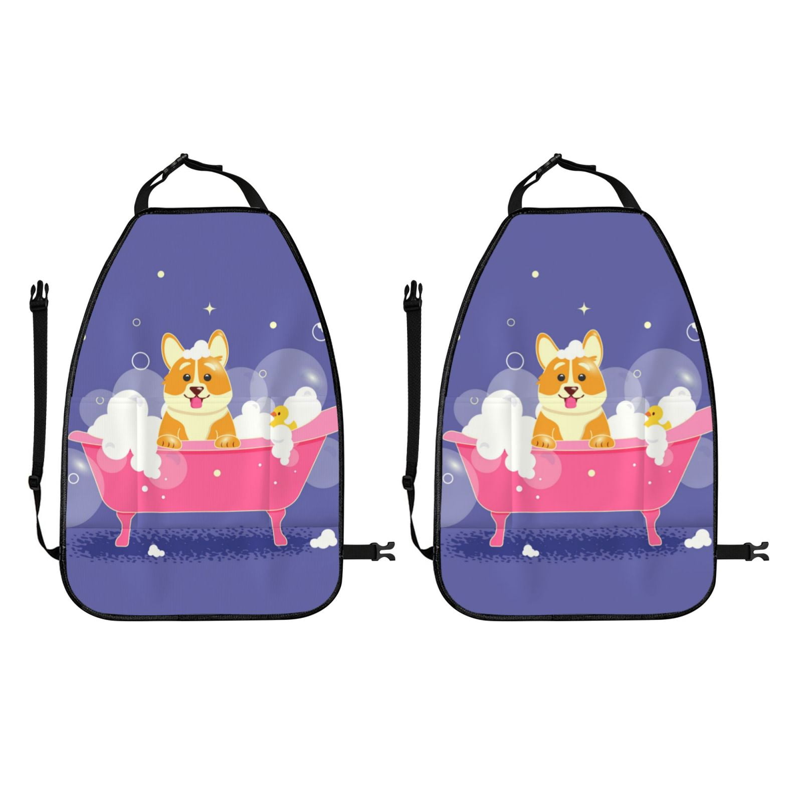 Kdxio Dog Washes in a Bath Print 2 Pack Car Kick Mat Seat Cover Back Protector Mat with Pockets for Organizer Backseat Protector and Storage Anti Kick Pad for Vehicles