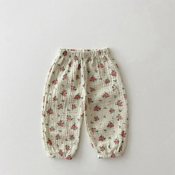 uublik Girls Pants Flower Printed Double-Layer Gauze Mosquito Repellent Pants for Girls Soft Casual Trousers White, Size 6M-3T