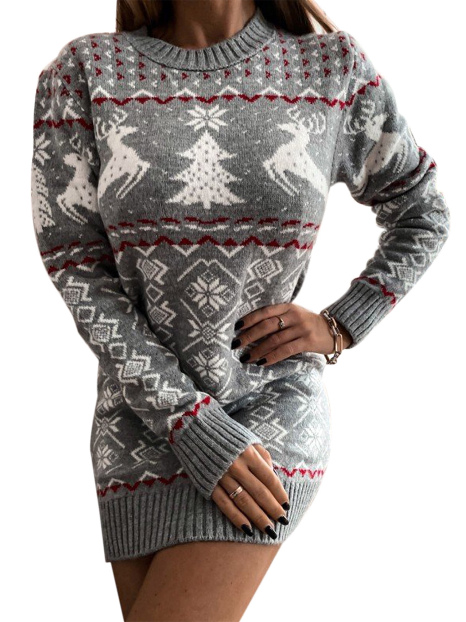 Womens Ugly Christmas Sweater Dress Long Sleeve Casual Knitted Midi ...