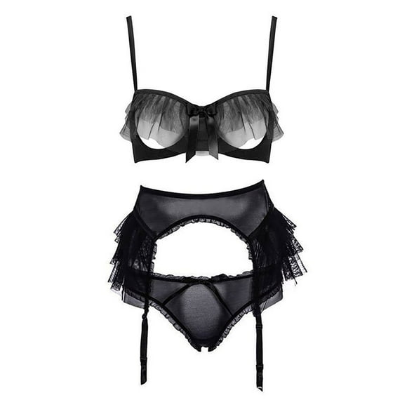 Ensemble de Lingerie Filet de Gaze Transparent à Volants et Jarretelles Transparentes