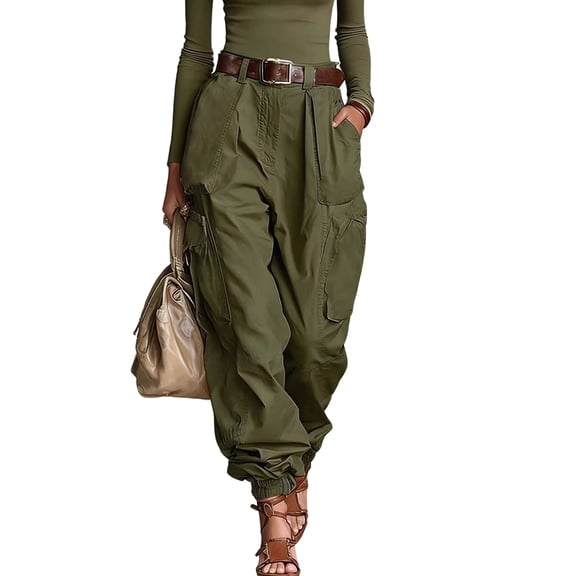 Womens Multi Pocket Cargo Pants Loose Fit Wide Leg Casual Long Trousers Streetwear Trendy Style Green XL