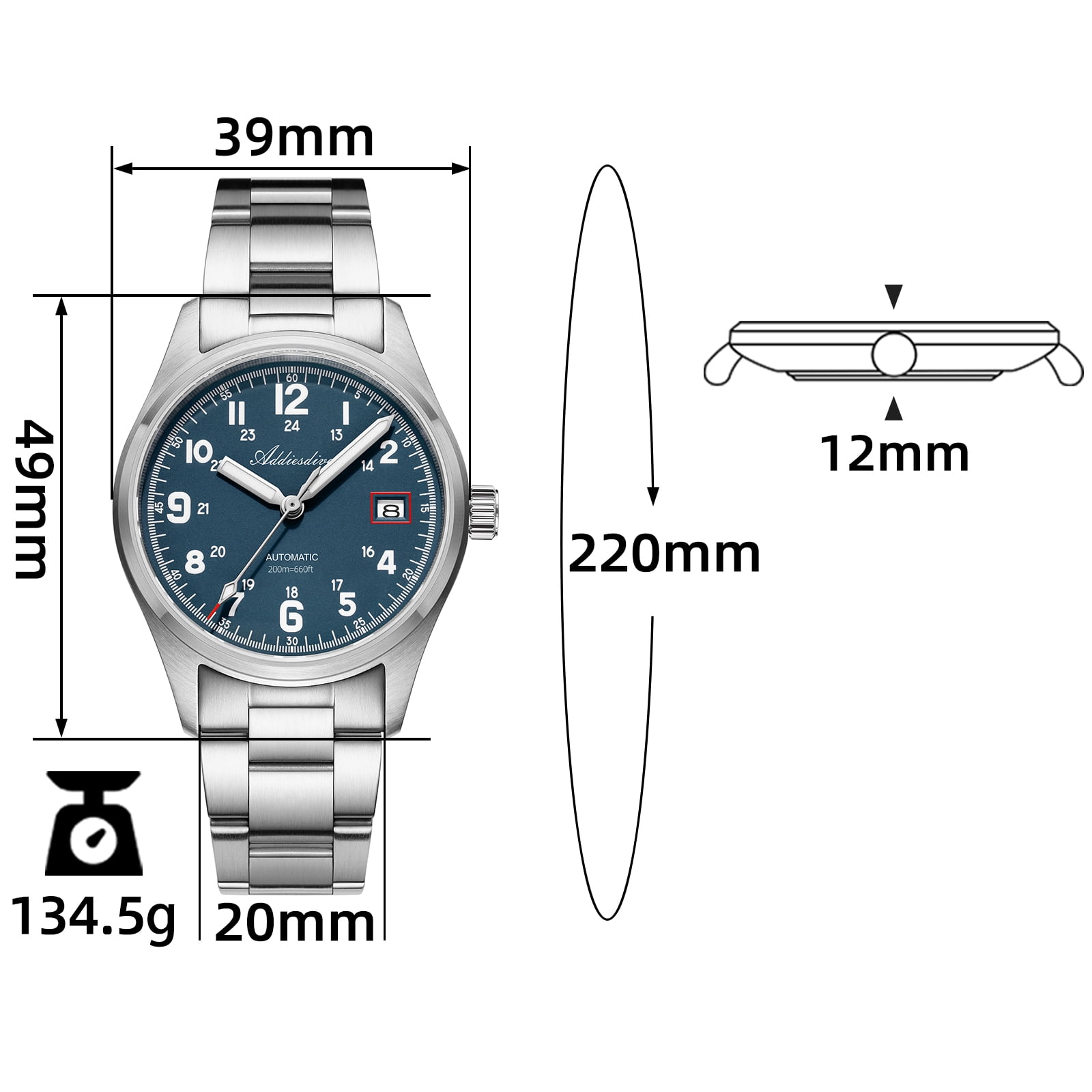 ADDIESDIVE Men's Automatic Watch NH35A Movement Dive Watch 200M Waterproof 316L Stainless Steel Sapphire Crystal Luminous Analog Wristwatch for Men Blue Dial