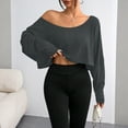 thumbnail image 2 of Womens Off Shoulder Long Sleeve Crop Tops Sexy Boat Neck Loose Casual T Shirt Dark Gray S, 2 of 5