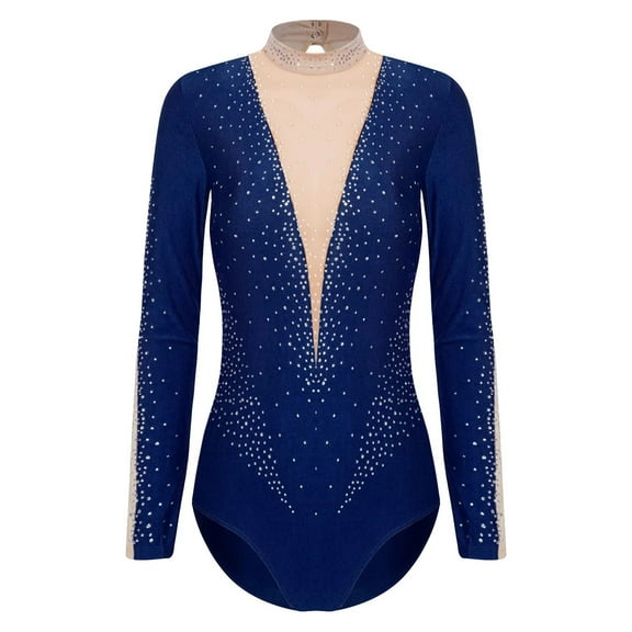 Gymnastics Jumpsuits For Women Ballet Dance Leotard Sheer Mesh Patchwork Long Sleeve Bodysuit
