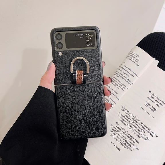 Allytech Designed for Samsung Galaxy Z Flip 3 2021 Case with Ring, Slim Thin Lychee Pattern PU Leather Shockproof Non-Slip Grip Protective Case for Samsung Z Flip 3 5G 2021, Black