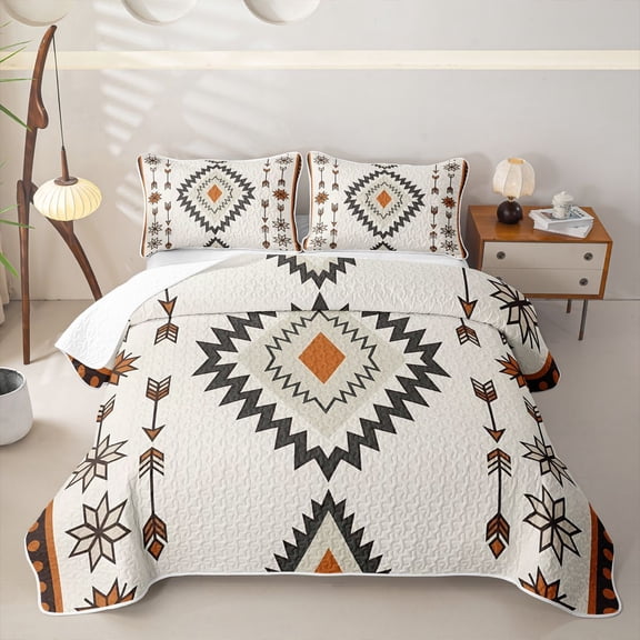 Homewish Bohemian Geometric Rhombus Twin Quilt Set,Boho Exotic Style Twin Coverlet Set,Beige,2 Pieces