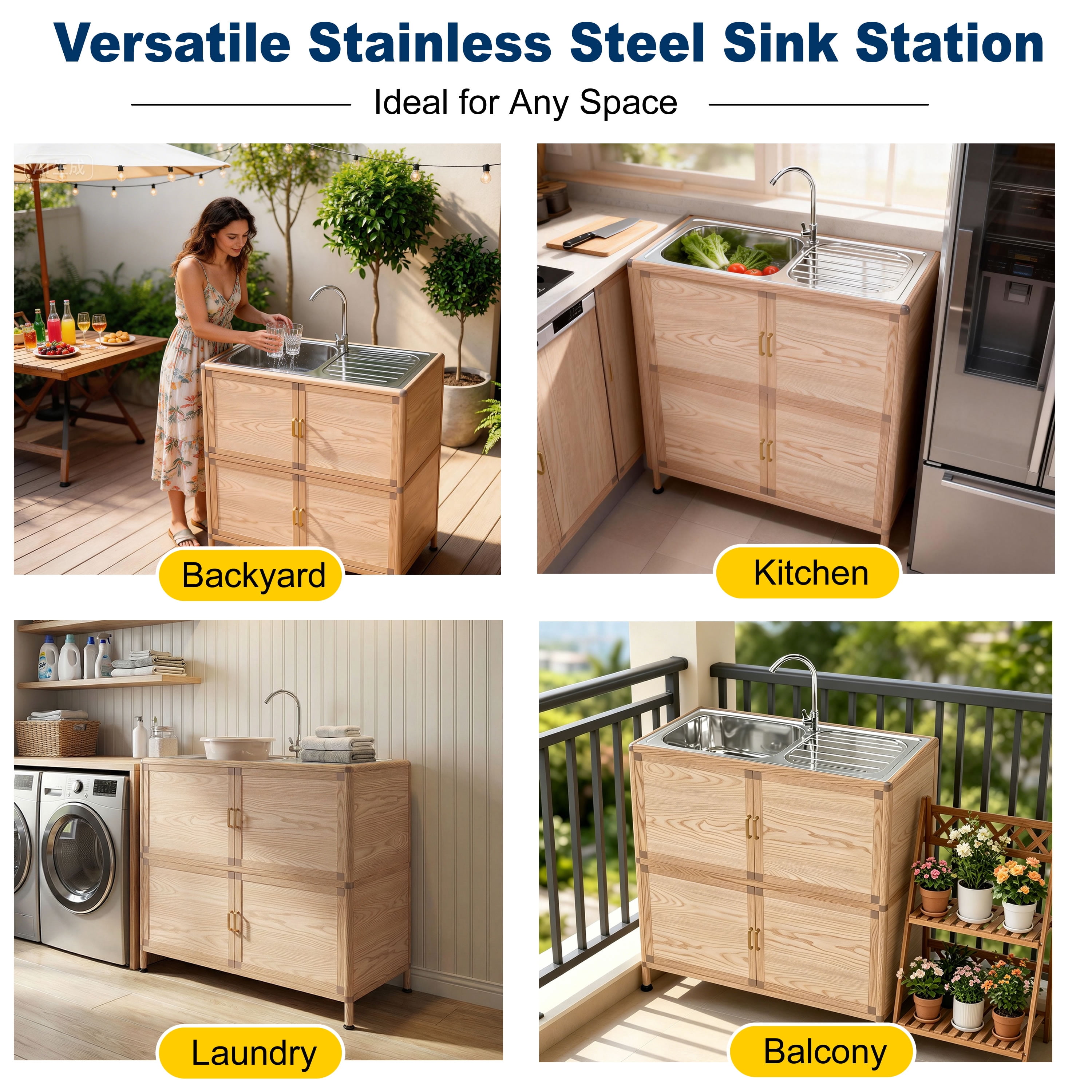 Utility Sink with Cabinet, Freestanding Laundry Room Sink with Faucet and Storage, Stainless Steel Utility Tub for Garage, Workshop, Outdoor Kitchen, 32.68" Natural Wood