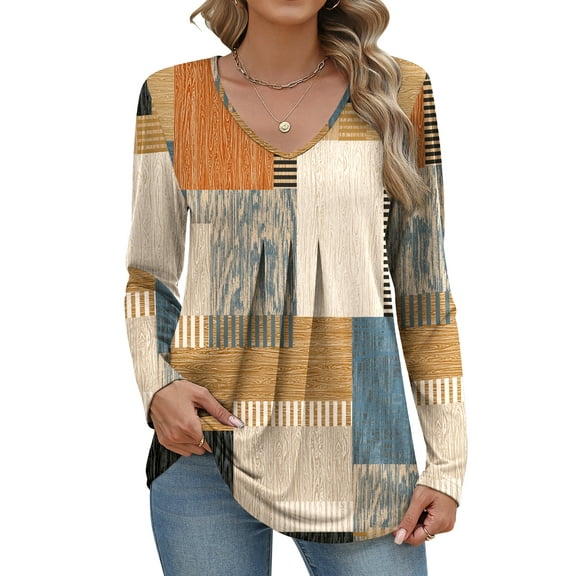 Weardear Women Long Sleeve Shirts V Neck Fall Tops Loose Fit Dressy Casual Blouses Pleated Tunic Tops
