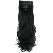 Nvzi 24" Long Curly Wavy Full Head Clip in Synthetic Hair Extensions-Dark Black