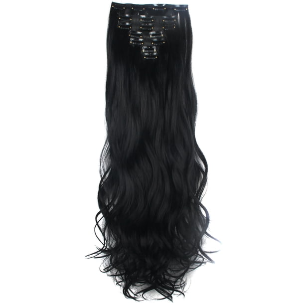 Nvzi Extensiones de cabello sintético con clip, de 24" de largo, ondulado y rizado, para toda la cabeza, de color negro oscuro