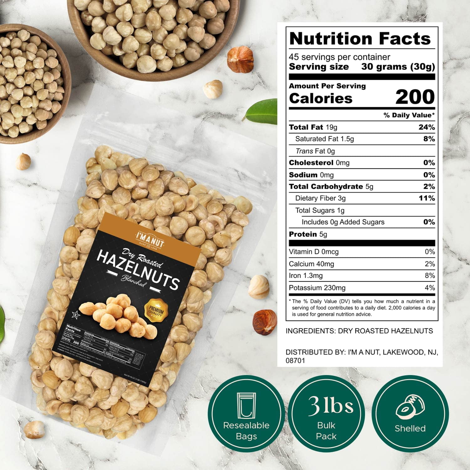 Toasted Hazelnuts, 48oz (3 lb) - Small Batch Roasted, Blanched, Non-GMO, Batch-Tested Gluten & Peanut-Free, Vegan, Keto-Friendly, No Preservatives Kosher Premium Natural I'M A NUT