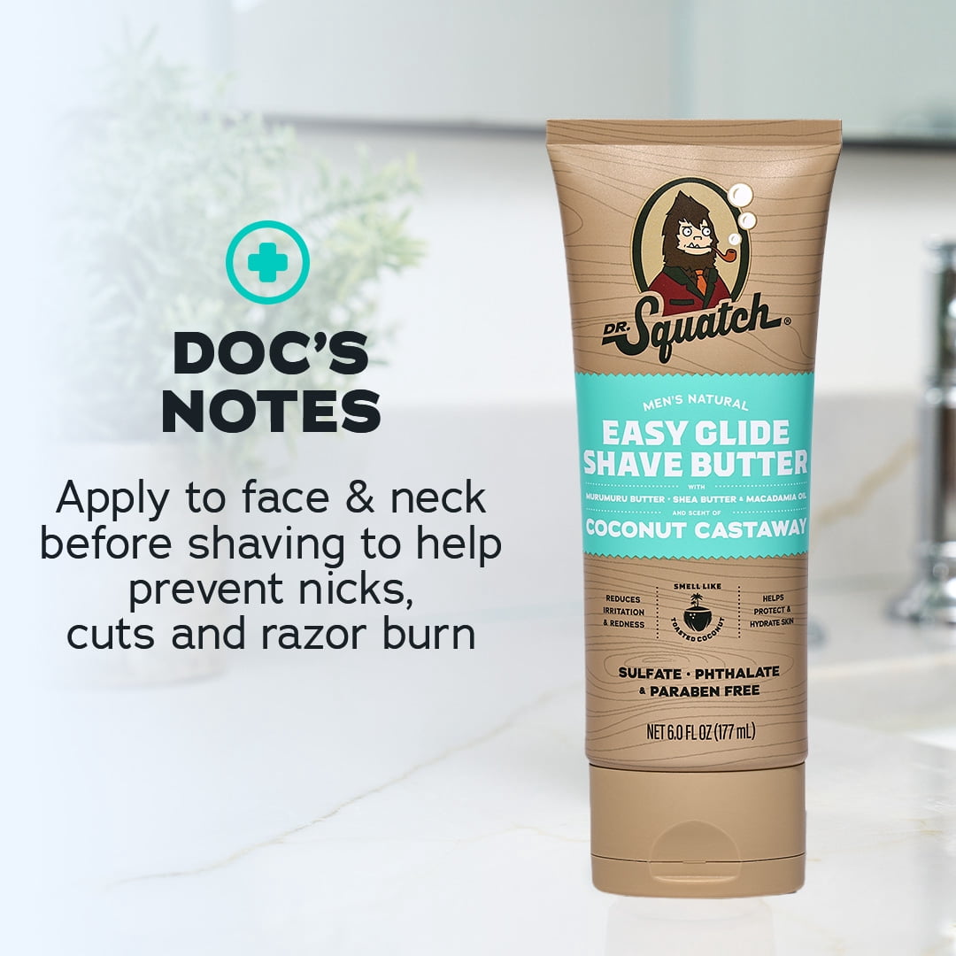 Dr. Squatch Mens Moisturizing Shave Butter, Easy Glide Natural Thick & Creamy Shaving Butter for Men, Coconut Castaway, 6 fl Oz