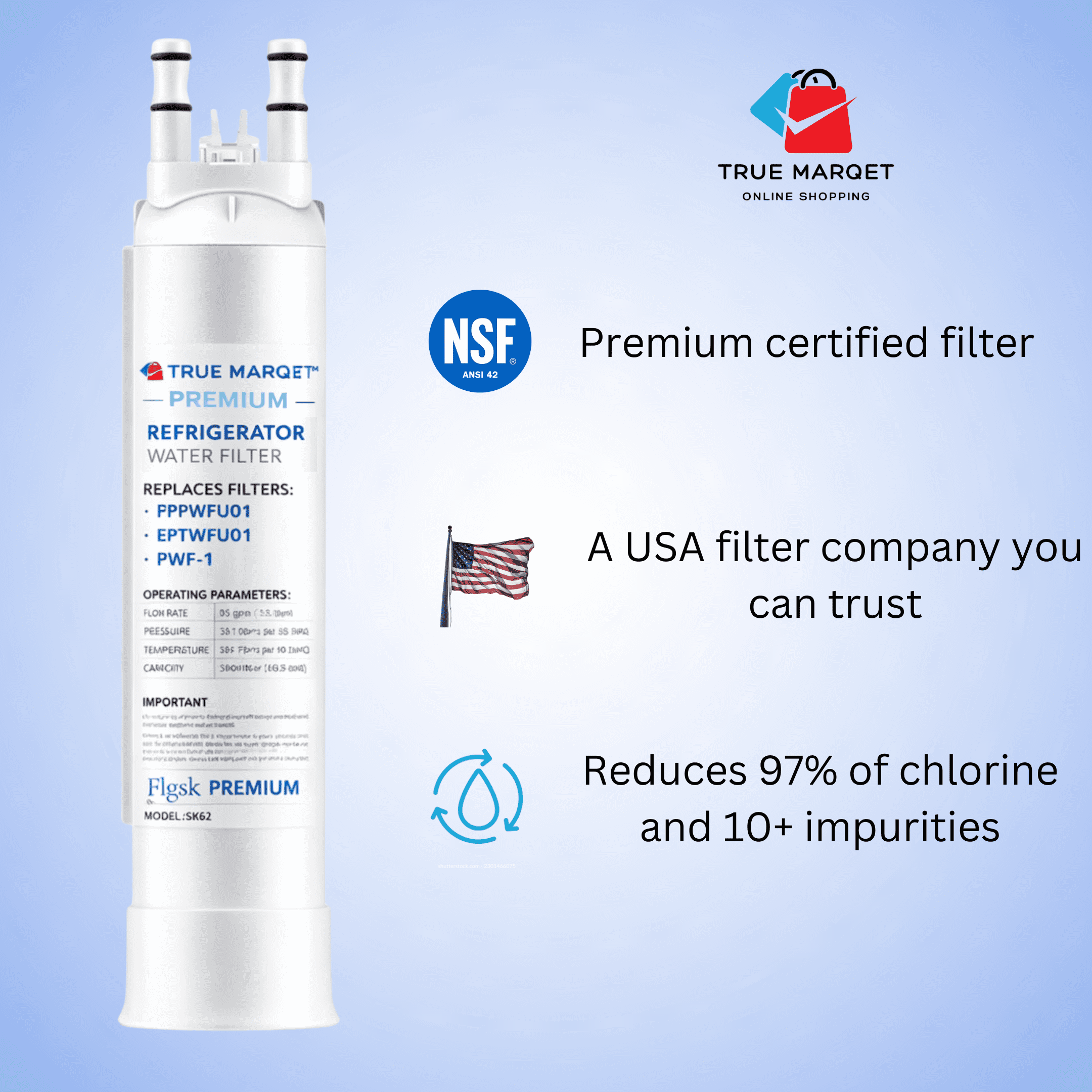 2 Pack Flgsk Water Filter Replacement For Frigidaire® FPPWFU01, Electrolux® EPPWFU01, PureAdvantage PurePour® PWF-1